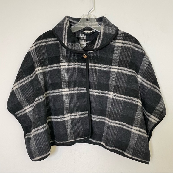 Wool blend plaid tartan checkered cropped poncho shawl jacket topper S - Picture 4 of 17